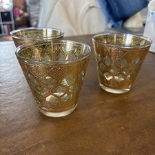 Vintage Culver Valencia Lowball Old Fashion Glasses 22kt Gold & Green Set of 3