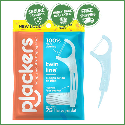 PLACKERS TWIN LINE DENTAL FLOSS PICKS 75 PCS Green Mint Stick Flosser Toothpick
