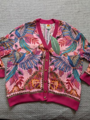 Farm Rio Cardigan Sweater Womens Medium Pink Macaw Print V Neck Button Colorful