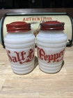 VTG HAZEL ATLAS RIBBED SALT & PEPPER SHAKERS OLD ENGLISH SCRIPT MILK GLASS