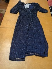 Mac Duggal Navy Sequin Deep V Neck Short Puff Sleeve Structured Midi Dress Sz 8