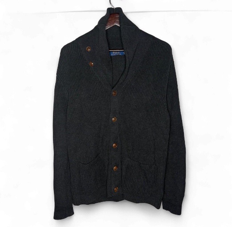 Vtg Polo Ralph Lauren Dark Gray Shawl Collar Rib Knit Cardigan Sweater Mens Med