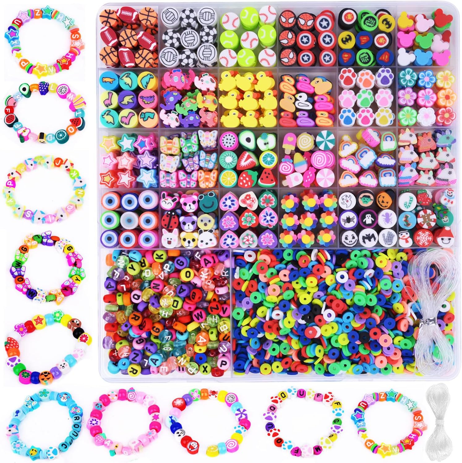 2480Pcs Colorful Polymer Clay Beads and Charms for DIY Bracelet Making Kit with Assorted Cute Designs