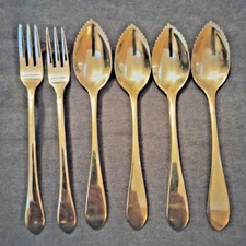 6 piece lot glossy stainless MEREDITH 2000 Gorham fruit spoon, hor d'eouvre fork