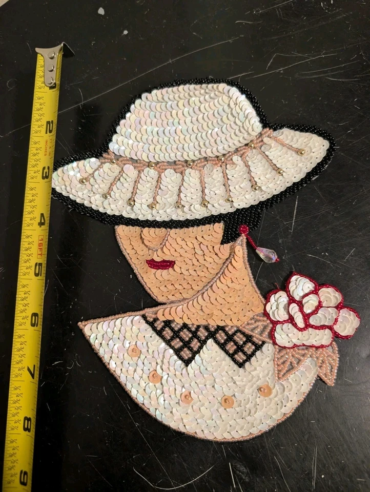 Parche de apliques artesanal de lentejuelas y cuentas fashionista vintage de 8" para mujer en sombrero EE. UU. Foto 2 de 3