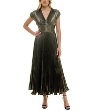 Taylor Women's Metallic V-Neck Cap-Sleeve Pleated Gown - Black Gold - 10 Damaged