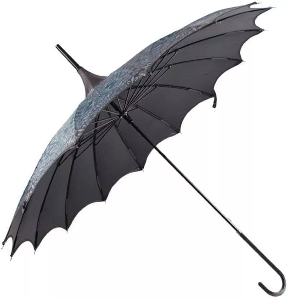 SOAKE Boutique Umbrella Patterned Pagoda With Scalloped Edge Charcoal Black New