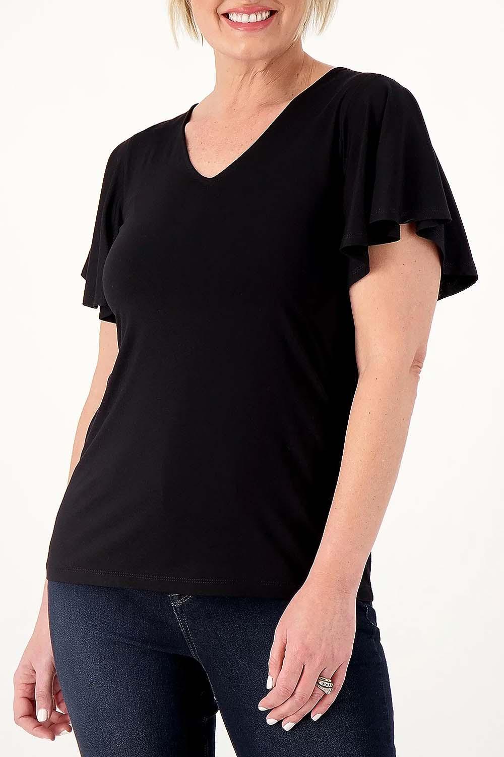 Топ Susan Graver Weekend Cool Touch с V-образным вырезом и развевающимися рукавами черного цвета