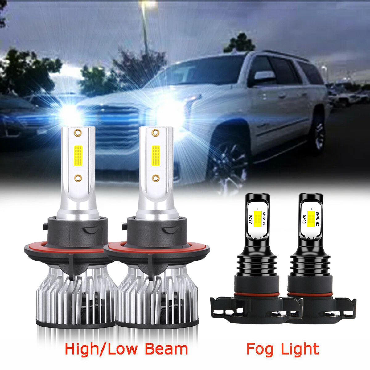 For GMC Yukon XL 1500 2007-2014 -4x LED Headlight High Low Beam +Fog Light Bulbs