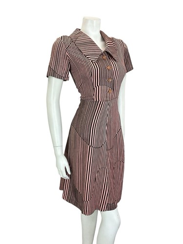 Vintage 60er 70er Jahre rosa schwarz geometrisch gestreift Dolchkragen A-Linie Hemdkleid 10 - Bild 6 von 10