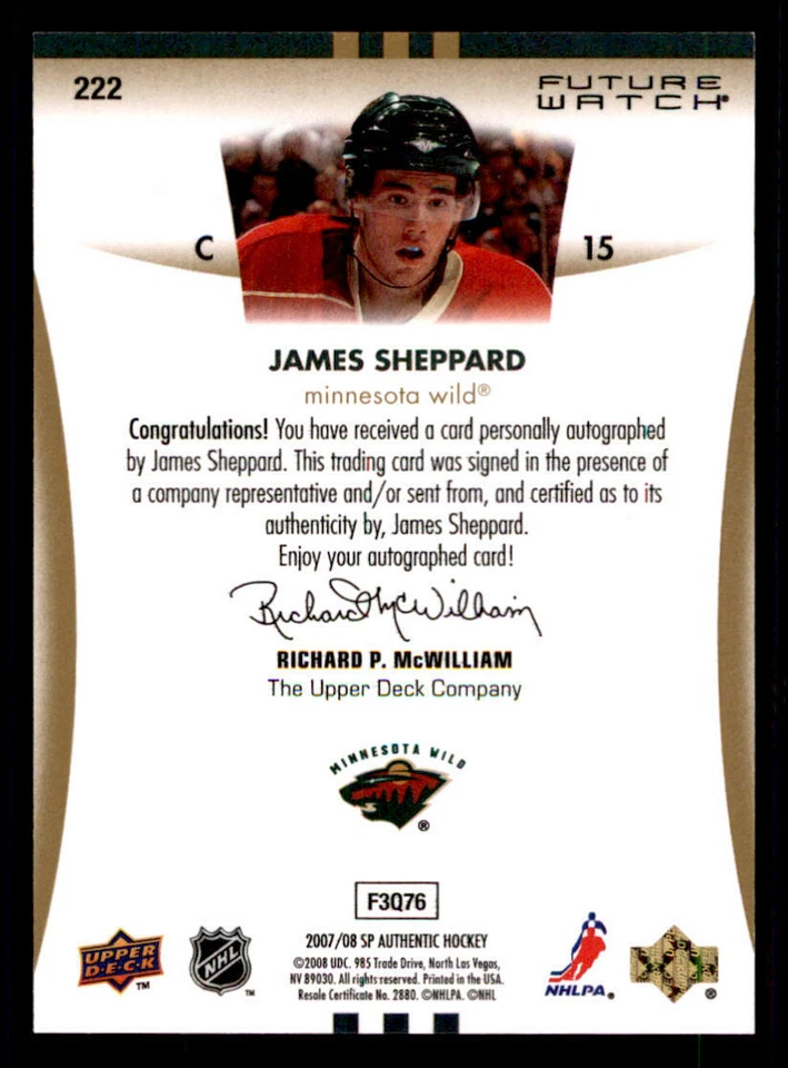 2007-08 SP Authentic #222 James Sheppard AU RC /999 (ref 240006) - Image 2 of 2