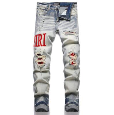Men's Straight Leg Blue Denim Jeans Letter Punk Hip Hop Pants Trousers Ripped 