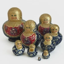 VTG 9pc Hand Painted Blue Gold Russian Matryoshka Nesting Doll Set Signed
