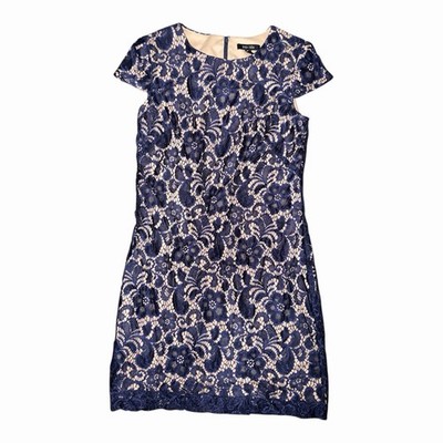 Ivy & Blu Womens Sheath Dress Blue Floral Lace Crew Neck Cap Sleeve Size 4