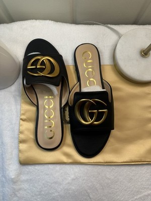 Gucci Women s white Leather Slide Sandals Gold Double G Logo Size US6 EU36