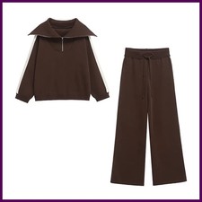 Women  s 2-Piece Set   Brown Pullover Sweatshirt  High Waist Elastic Trousers