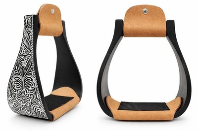 Challenger 4-7/8'' Wide Western Black Engraved Aluminum Horse Bell Stirrups Black