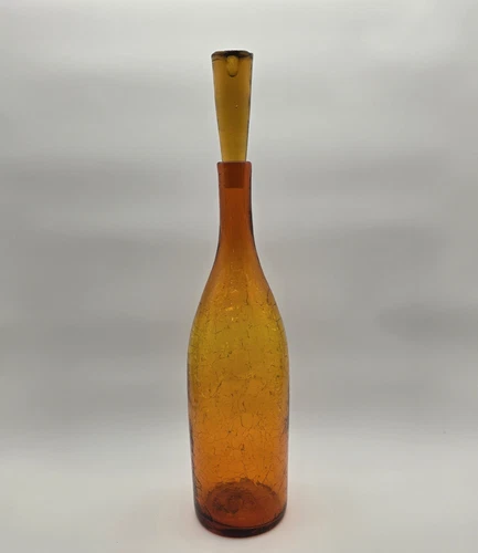 Blenko 6123L in Crackle Tangerine Glass Decanter w/ Stopper Excellent Condition