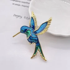 Elegant Enamel Hummingbird Brooch Gold Tone Blue Green Animal Bird Pin Gift