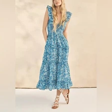 Anthropologie Love the Label Azalea Blue Ruffled Maxi Dress