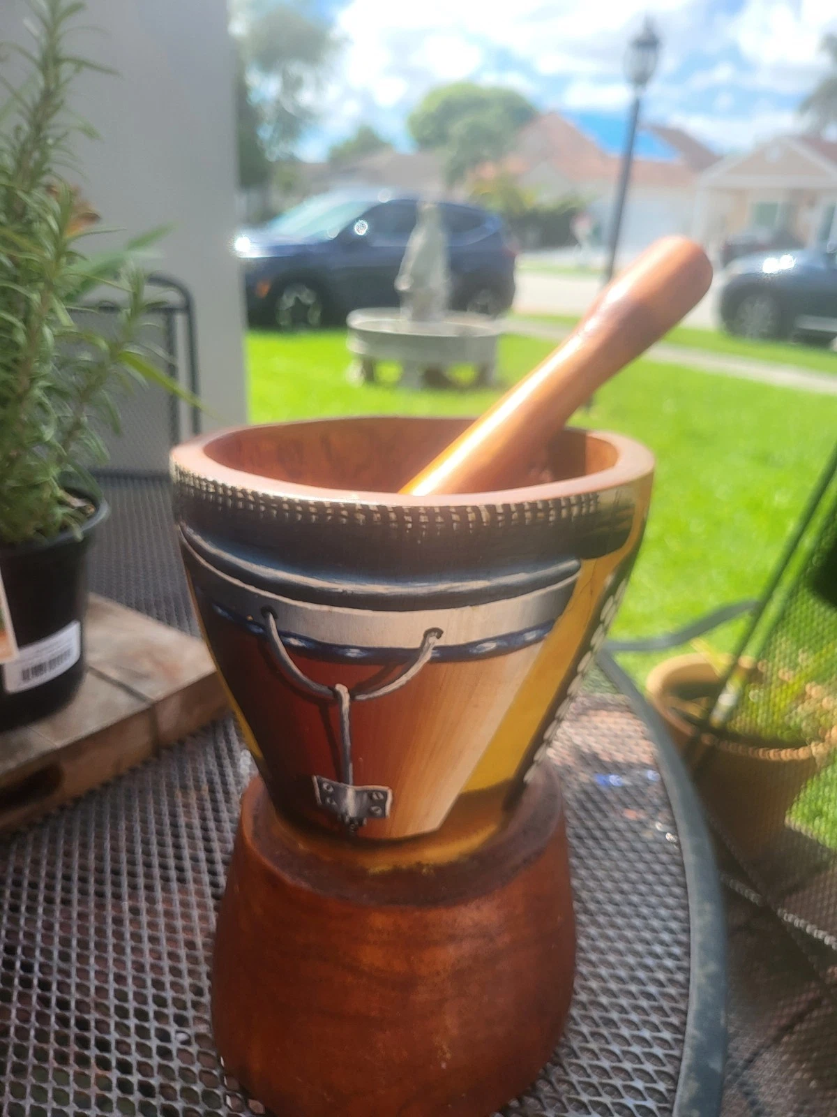 Antique Primitive African Wooden Hand Painted Mortar And Pestle Grinding Set 2Pc