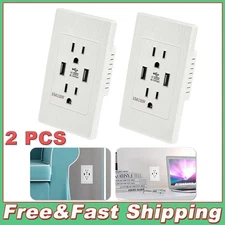 2-Pack Dual USB Charger with 15A Wall Outlet - 120V AC Power Receptacle Panel