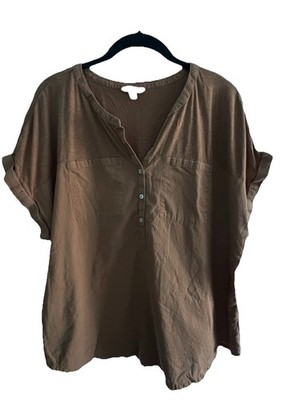 Lucky Brand Womens Brown Henley Short Sleeve Cuffed Button Top Size XL