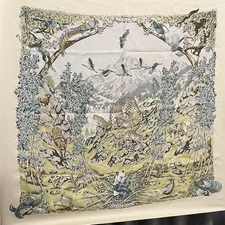 HERMES Callet Square Scarf Cream Tone Sichuan Animal Panda Unisex Pattern