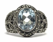 925 STERLING SILVER 2CT BLUE TOPAZ  MARCASITE FLOWER RING OPEN BAND SIZE 7