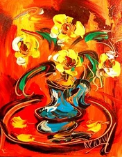 FLOWERS ON  TABLE IMPRESSIONIST LARGE ORIGINAL OIL  PAINTING -45YF57efG95YY