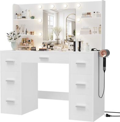 Elegant White Vanity Desk with LED Mirror, Power Outlet & Ample Storage