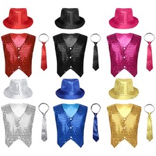 Kids Boys Jacket Party Waistcoat Fit Vest Necktie Dress Up Glittery Daily Wear