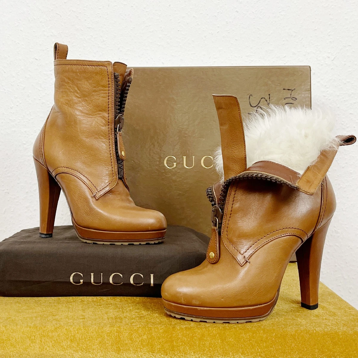 Gucci Honey Brown Real Leather Ankle Heeled Boots With Faux Fur