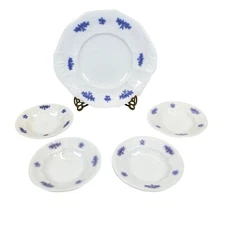Antique Adderley 5-Pc Set Purple Chelsea Sprig Berry Dessert Cake Plate & Bowls