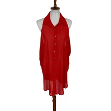 W By Wenjie Red Top Large Sleeveless Button Down Bold Statement Cottagecore