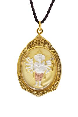 Large - 2 inch Vira Ganapati Ganesh - Sixteen-Armed - hand painted Amulet Hin...