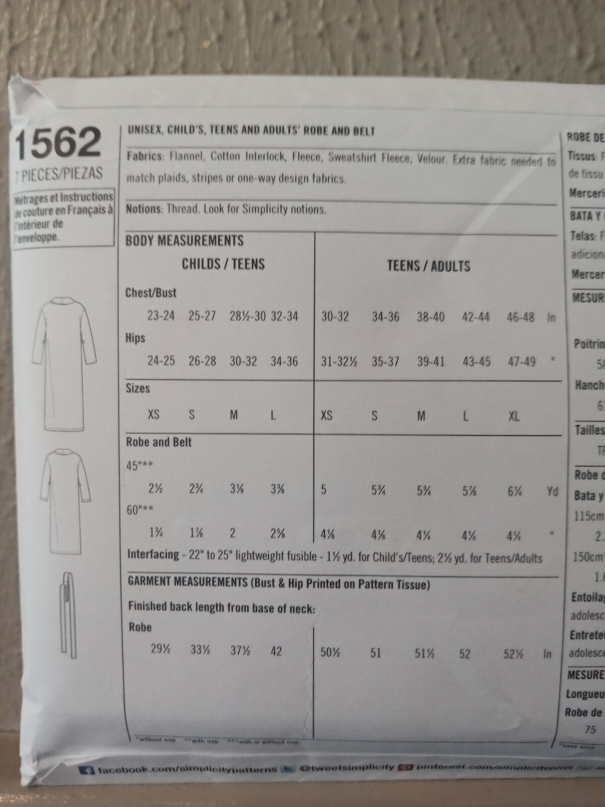 Simplicity 1562 Adult Child Easy to Sew Bathrobe Pattern Male Female