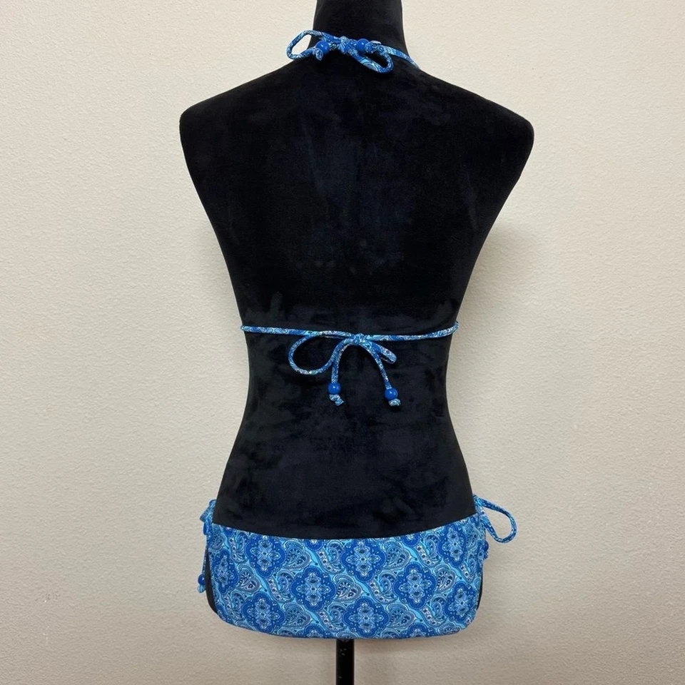 Antiguo Bikini Azul Marino Mujer Pequeño Paisley Volantes Ribete Halter Cuerda Azul Foto 2 de 4