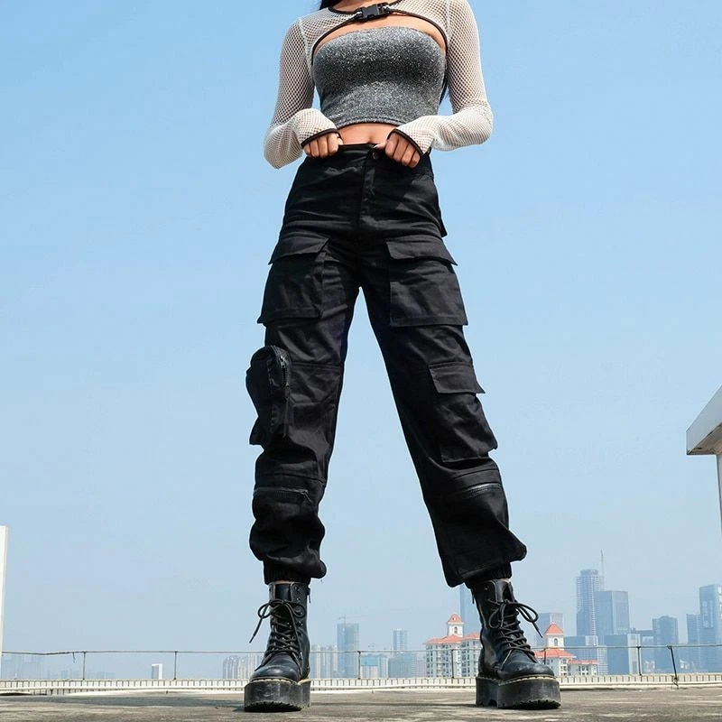 Women Cargo Pants Pockets Patchwork Black Trousers Fake Zipper Streetwear  Pants