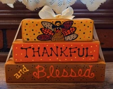Thankful and Blessed WOOD BLOCK SET Turkey Desktop Tiered Tray Shelf Sitter Fall