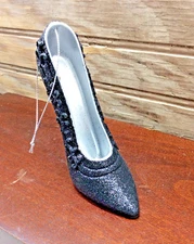 Christmas Ornament Black Stiletto High Heel Shoe Sparkly Metallic 5" X 3.5"