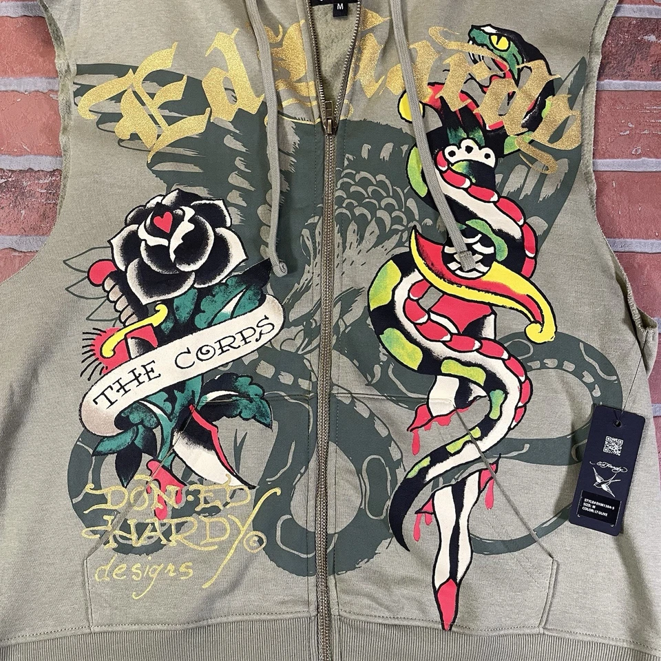 Sudadera con Capucha Ed Hardy Verde Oliva Daga Rosa Corte Para Hombre Mediana El Cadáver Nueva con Etiquetas Foto 4 de 4