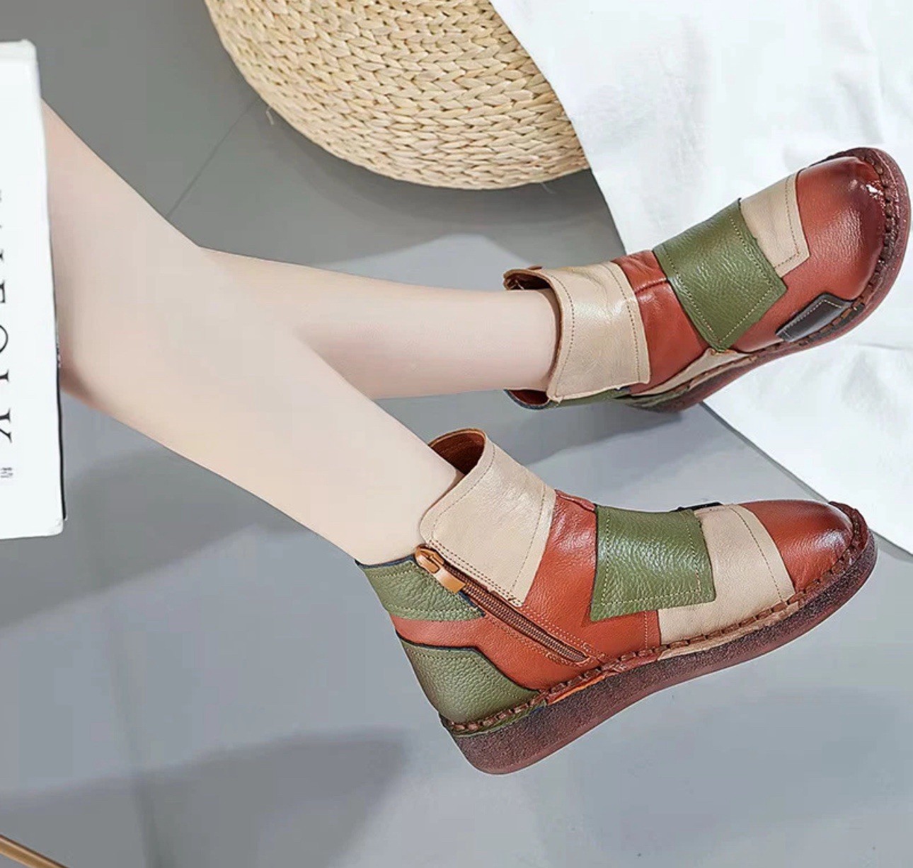 Retro Genuine Leather 8 Patchwork Ankle Boots for… - image 1