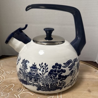 Vintage, Heritage Mint Blue Willow Enamelware Tea Kettle 9in W x 7.5in H