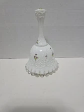 Fenton White Milk Glass Spanish Lace Bell Hand Painted Purple Flowers