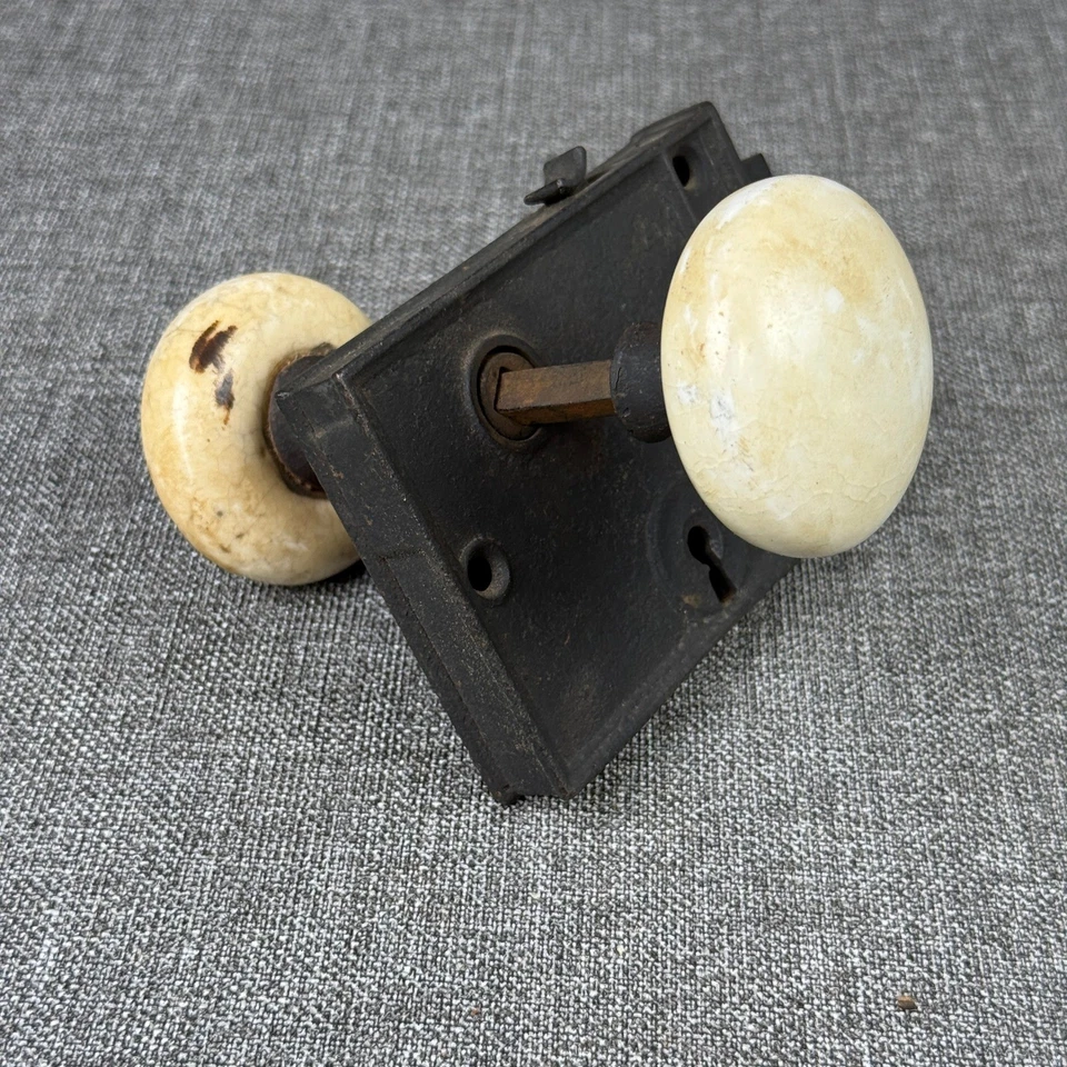 Antique Victorian Porcelain Door Knob with Mortise Lock Vintage Hardware set - Image 3 of 4