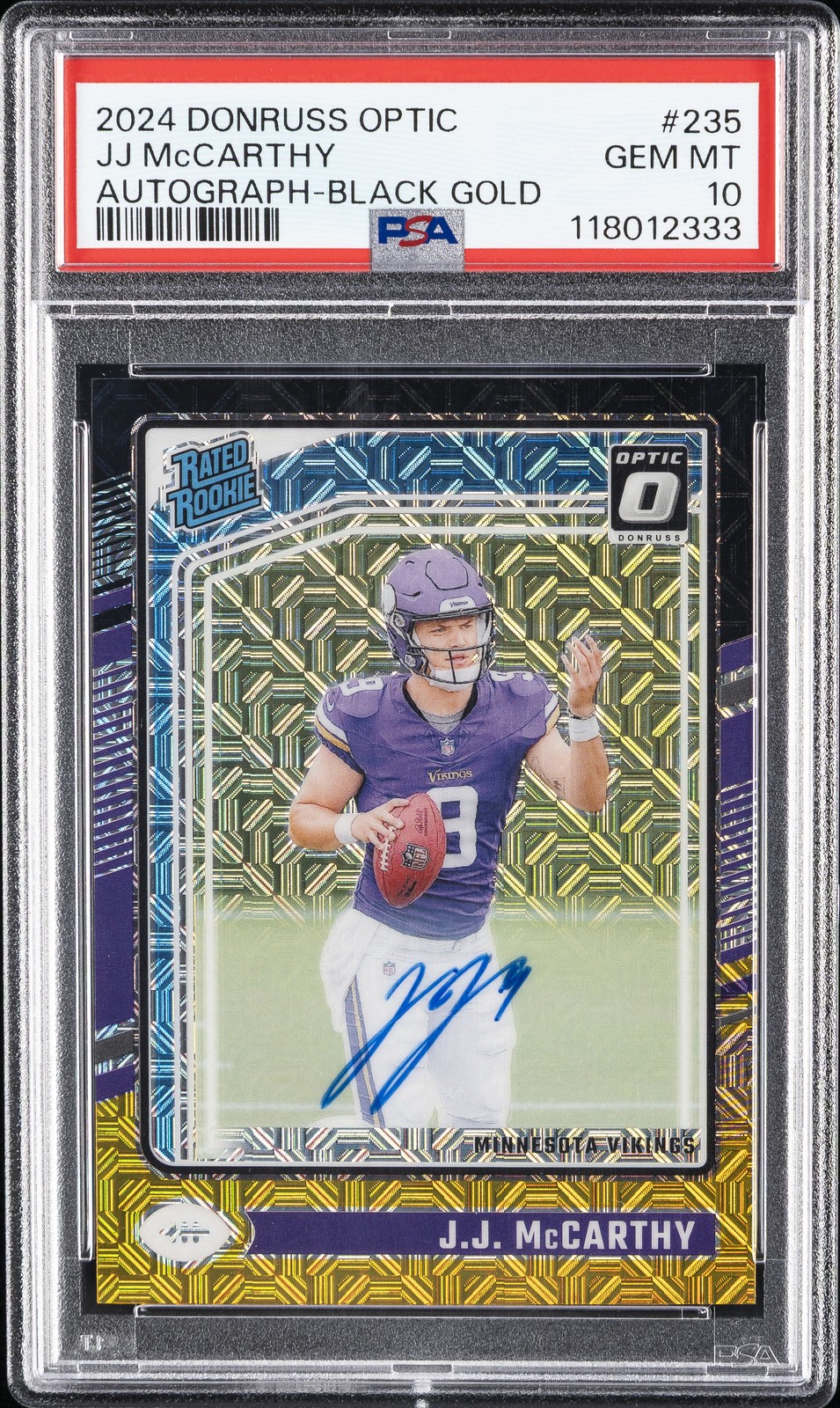 2024 PANINI DONRUSS OPTIC AUTO-BLACK GOLD #235 JJ MCCARTHY ROOKIE 17/60 PSA 10