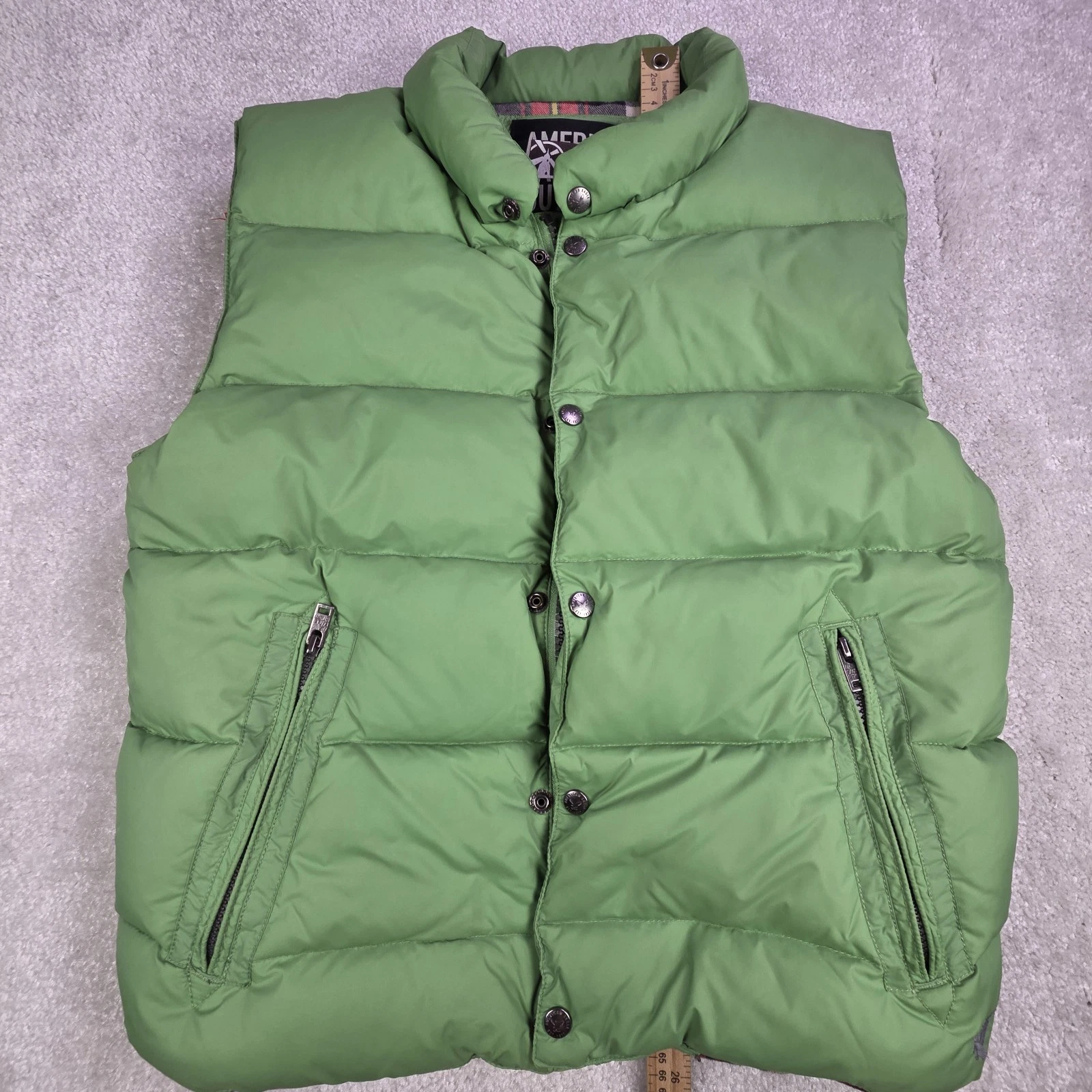 American Eagle AEO Mens Puffer Vest L Green Flannel Lined Down Gorpcore Outdoor