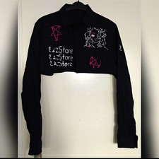 Damen Bluse bauchfrei Schwarz Langarm geknöp...