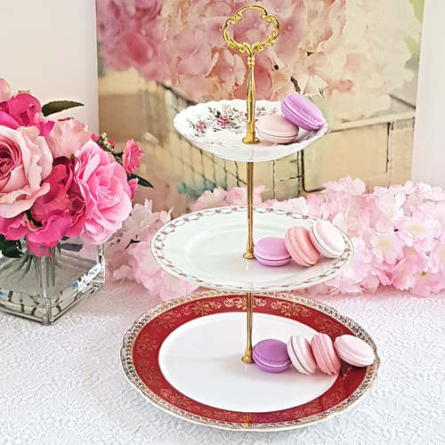 Elegant 3-Tier Cake Stand: Pink Burgundy Handmade Dessert Tray Wedding Decor - Picture 7 of 11